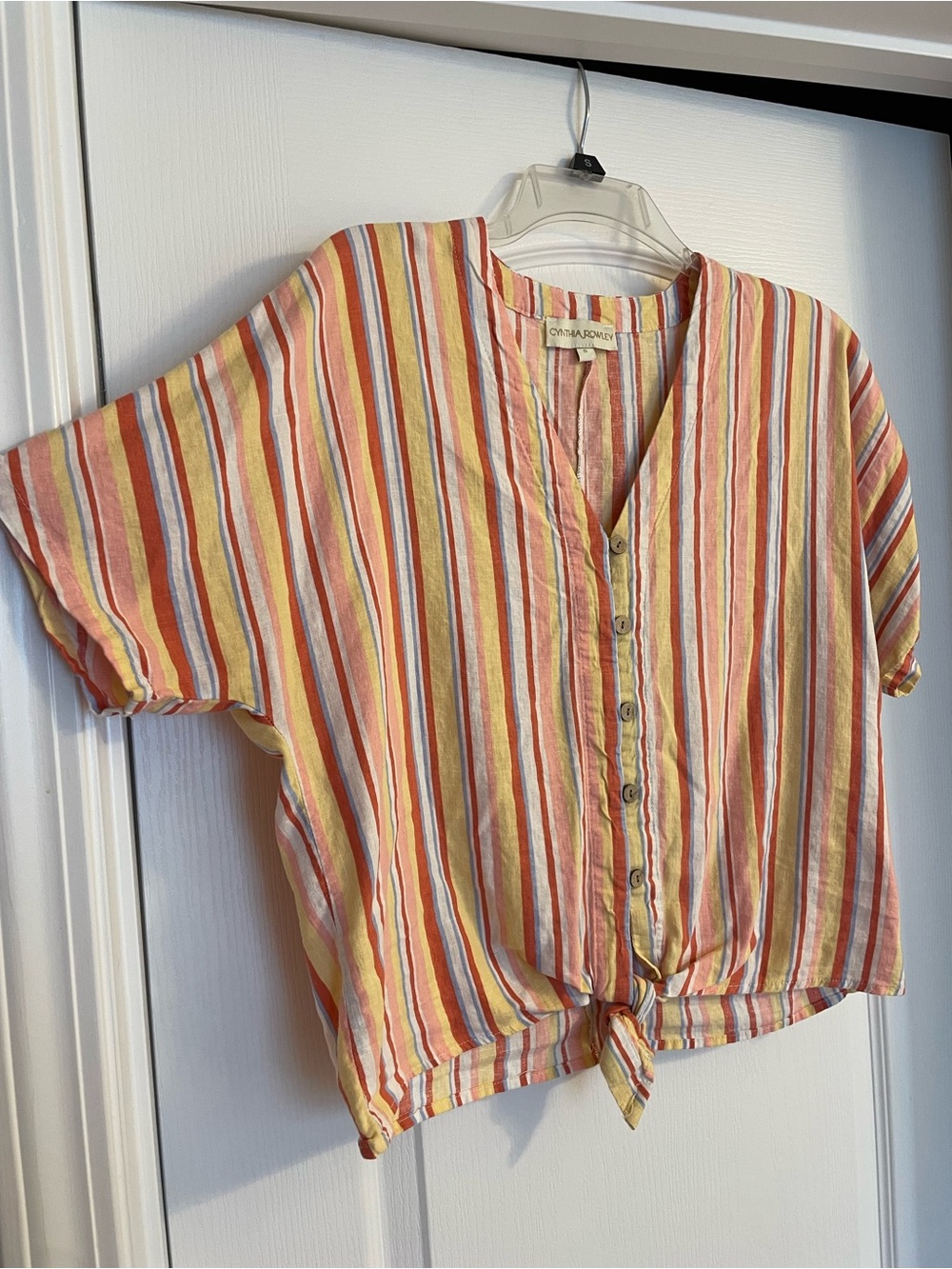 Cynthia Rowley Yellow, Coral & Blue Striped Button-Front Tie-Hem Top Women’s S
